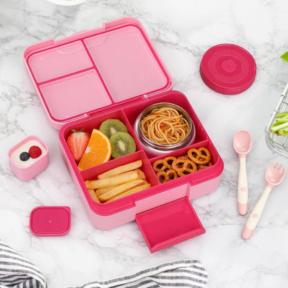 Bento Box Set with 9.5oz Soup Thermo Kids Leak-proof Lunch Box Container with 4 Compartment Stainless Steel Insulated Hot Food Jar with Bag for School Travel - Pink
