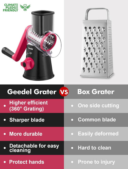 Geedel Rotary Cheese Grater, Kitchen Mandoline Vegetable Slicer with 3 Interchangeable Blades, Easy to Clean Rotary Grater Slicer for Cheese, Vegetables, Nuts
