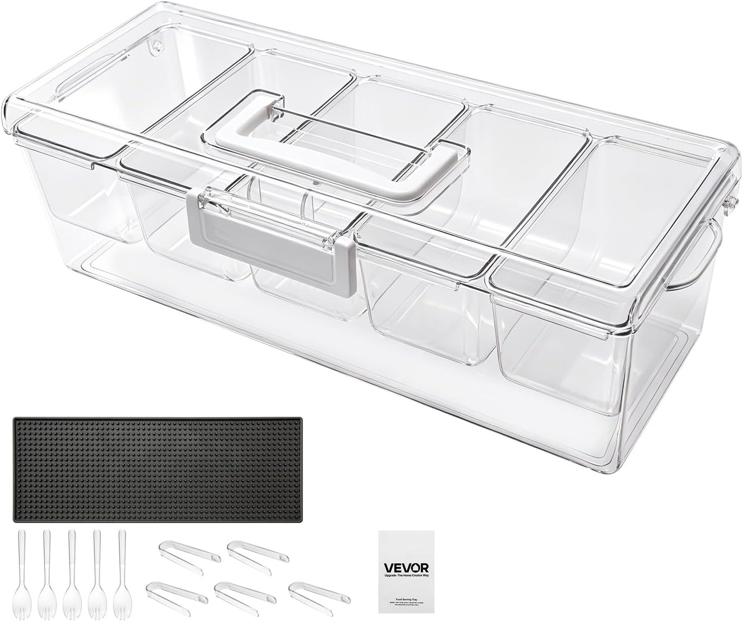 VEVOR Chilled Condiment Server Caddy, 5 Compartment Ice Cooled Serving Container, Plastic Fruit Garnish Tray Platter with Lid, for Taco Salad Bar Accessories, Party Home Restaurant Supplies