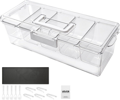 VEVOR Chilled Condiment Server Caddy, 5 Compartment Ice Cooled Serving Container, Plastic Fruit Garnish Tray Platter with Lid, for Taco Salad Bar Accessories, Party Home Restaurant Supplies