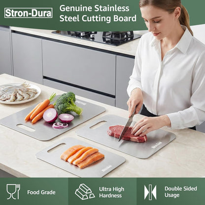 Stron-Dura Small Stainless Steel Cutting Board for Kitchen, 11.5" x 8" Food Grade Metal Chopping Board, Non Toxic Dishwasher Safe, Double Sided Odorless, Cutting Board for Meat Veggies Camping