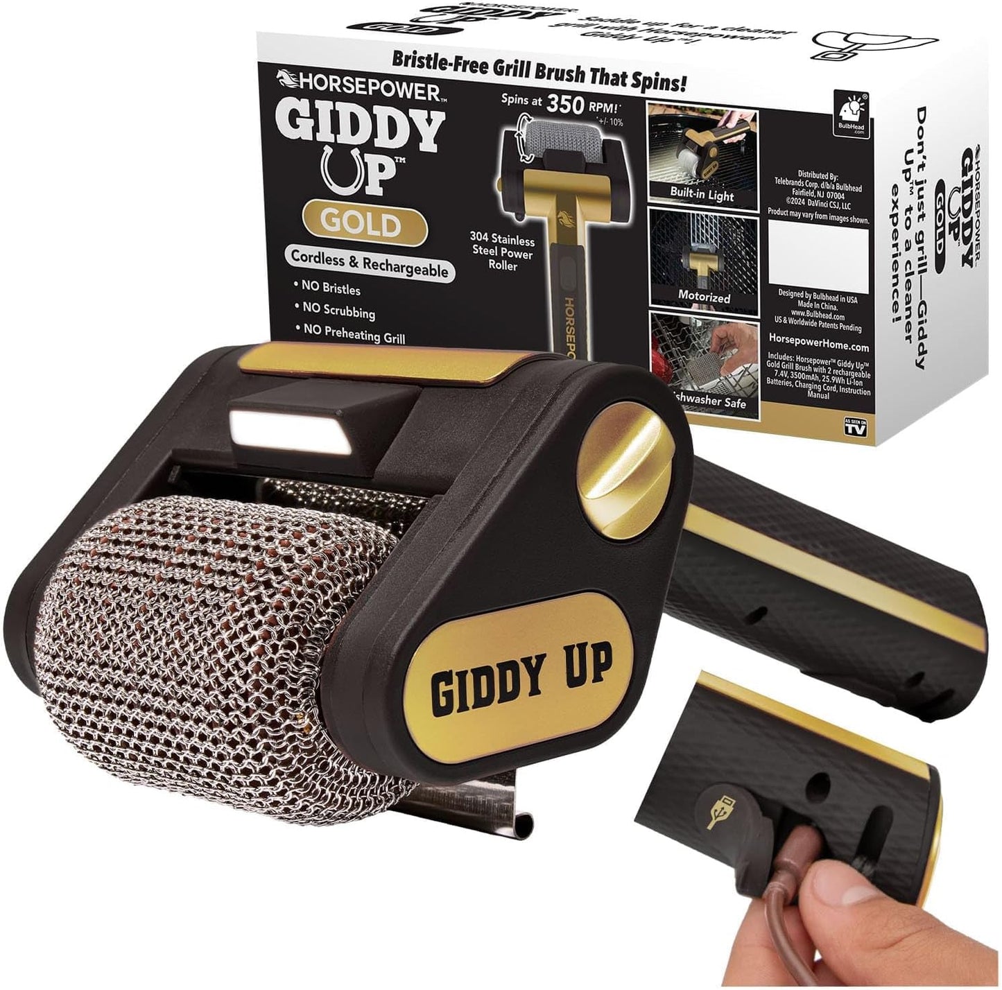 HorsePower Giddy Up Grill Cleaner AS SEEN ON TV! – Cordless, Rechargeable BBQ Tool with 350 RPM Stainless Roller, LED Light – Patents Pending – From BulbHead, a Family-Owned American Brand