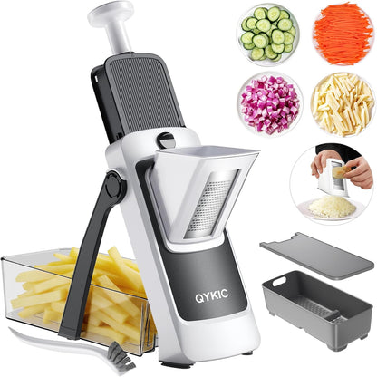 8 in 1 Mandoline Slicer for Kitchen, Vegetable Chopper, Potato Slicer, Fry Cutter Onion Chopper with Drain Basket Food Container with Lid, Stainless Steel Cheese Grater for Quick Meal Pre (Black)