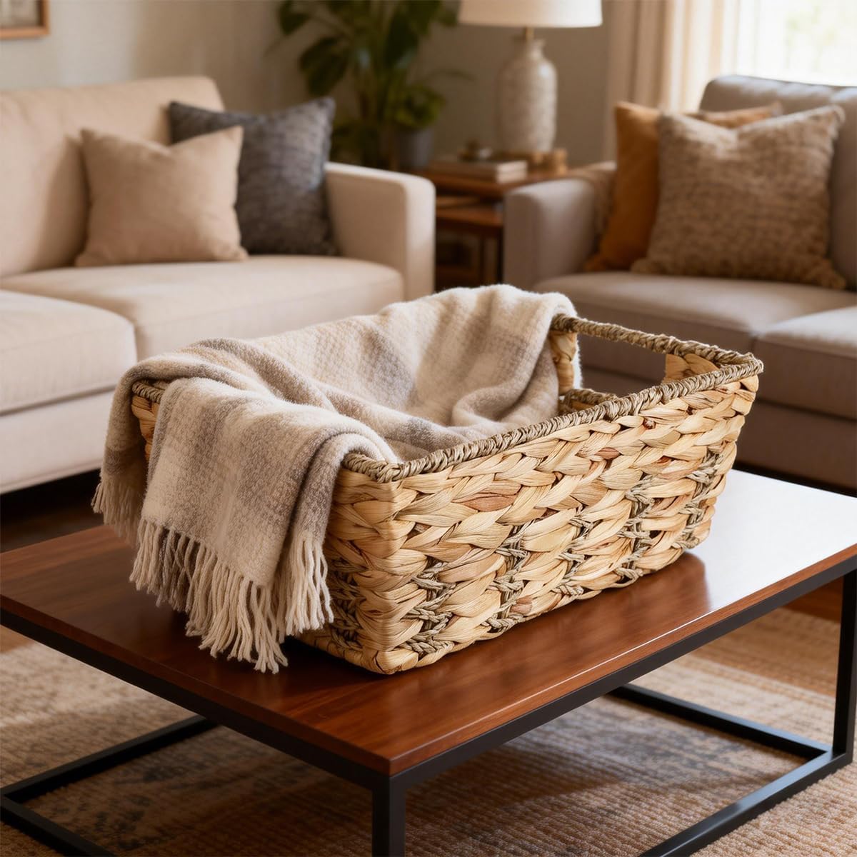 Water Hyacinth storage basket with Handle Shelf Organizing Storage Baskets Hand-woven Rattan Baskets Pantry Bin Organizers for Shelves, Living Room,Decor(Middle)