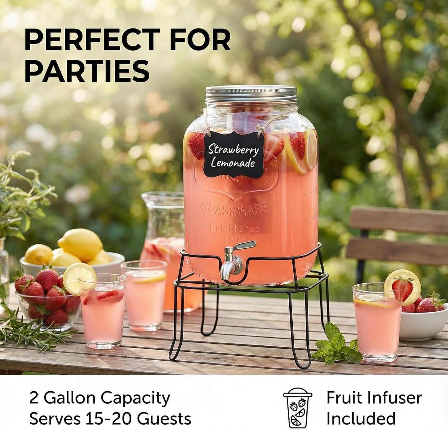 2 Gallon Glass Drink Dispenser,Beverage Dispenser with Stand,Lemonade Dispenser with 304 Stainless Steel Spigot Leakproof for Entertaining Guests, Picnic,Hosting Parties