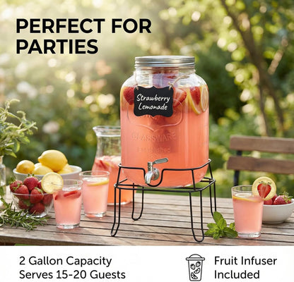 2 Gallon Glass Drink Dispenser,Beverage Dispenser with Stand,Lemonade Dispenser with 304 Stainless Steel Spigot Leakproof for Entertaining Guests, Picnic,Hosting Parties