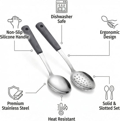2-Piece Serving Spoons, 11-Inch, Solid & Slotted, Platinum Silicone