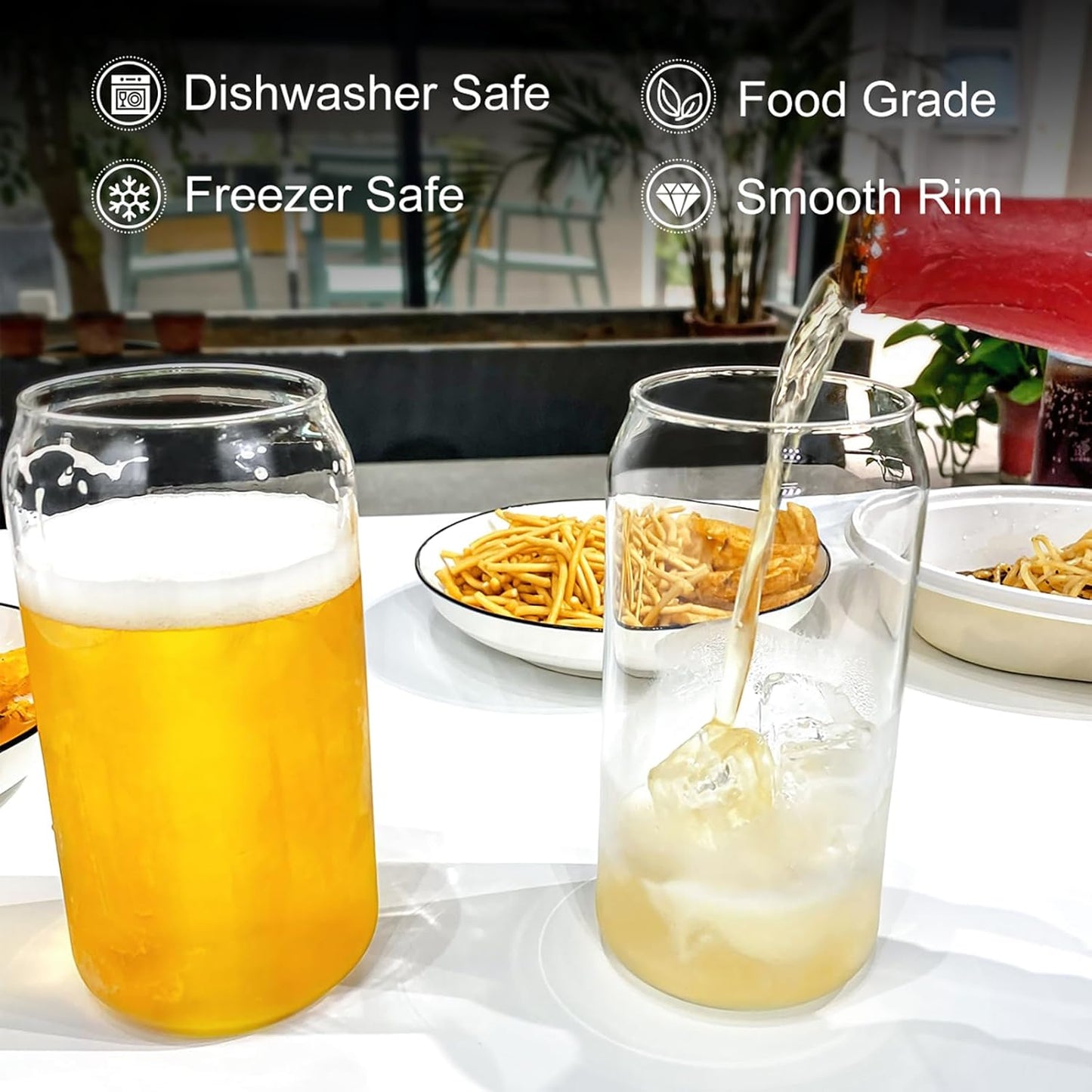 4pcs Set - 20oz Glass Tumblers with Bamboo Lid and Glass Straw, Drinking Glasses, Iced Beer Glasses, Classical and Thermal Safe Glasses with Cleaning Brushes