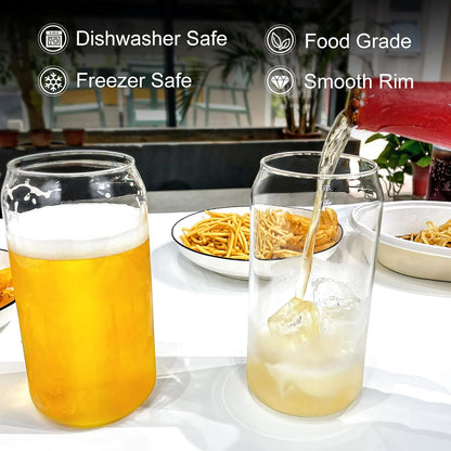 4pcs Set - 20oz Glass Tumblers with Bamboo Lid and Glass Straw, Drinking Glasses, Iced Beer Glasses, Classical and Thermal Safe Glasses with Cleaning Brushes