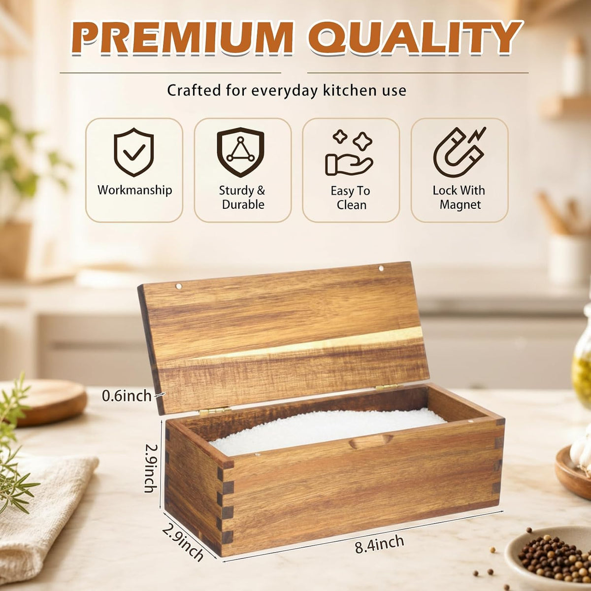 Acacia Wood Salt Cellar Spice Box with Magnetic Lid 29oz Large Capacity Salt Organizer 3 Compartments for Kitchen Countertop, Pepper, Seasonings, Spices, Grilling & Cooking