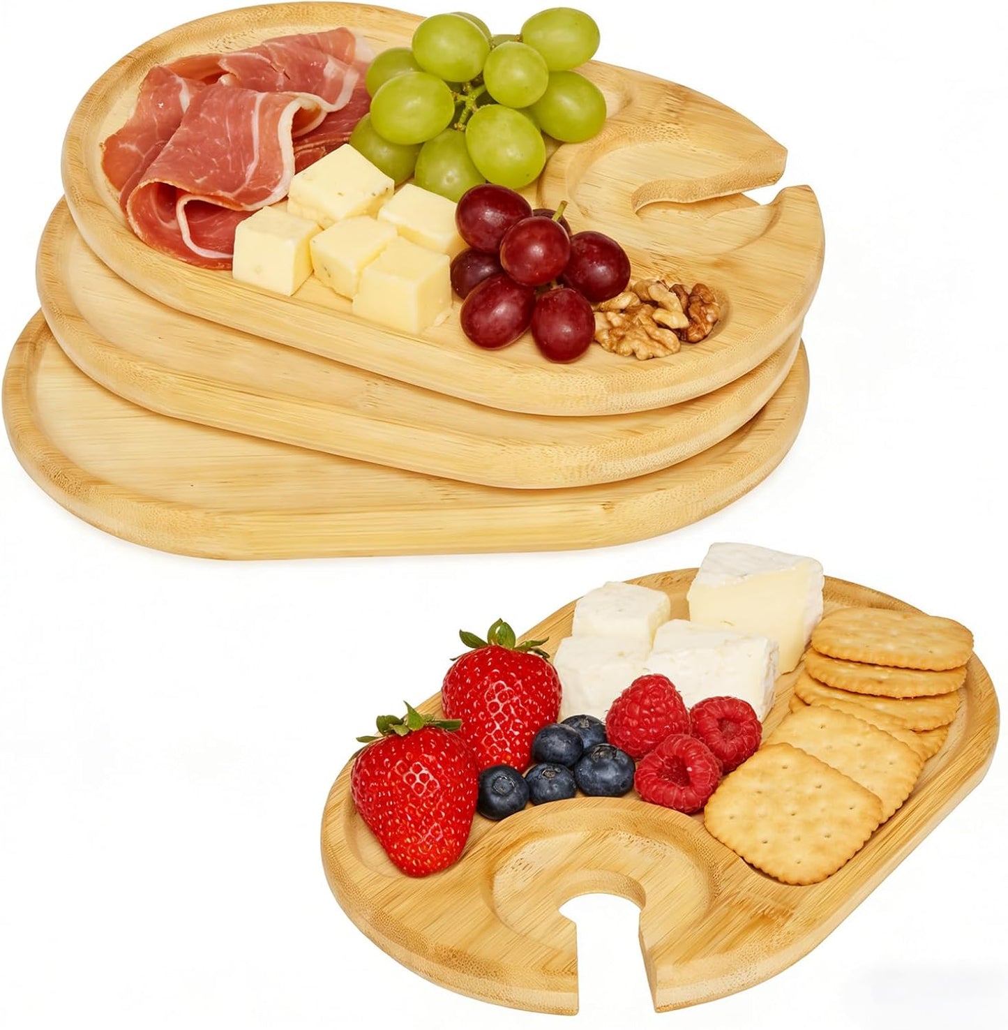 4 PCS Wine Appetizer Plates，Individual Mini Charcuterie Boards，Wine Glass Topper Appetizer Plates，Cocktail Plate with Glass Holder，Cheese Board with Wine Holder