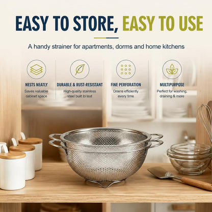 Palksky Stainless Steel Colander Set with Self-Draining Base, 3 Sizes Colanders & Food Strainers for Pasta, Rice, Fruits & Veggies, Metal Colander with Draining Plate for Sink or Countertop
