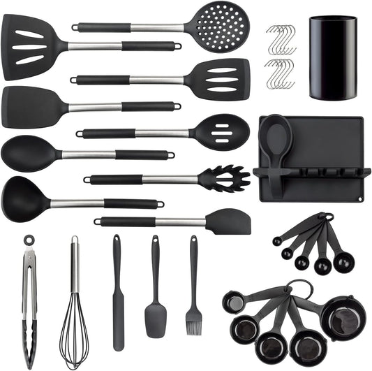 Silicone Kitchen Utinsels Sets Heat Resistant Kitchen Utensils Set, Stainless Silicone Utensils Set for Nonstick Cookware, BPA Free, Dishwasher Safe