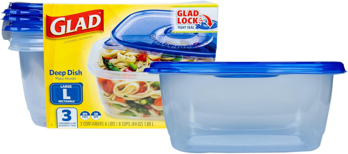 Glad GladWare Tall Entree Food Storage Containers with Lids, Large Square BPA Free Plastic for Meal Prep and Lunches, Lock Tight Seal, Microwave and Dishwasher Safe, 42 Oz, 3 Count