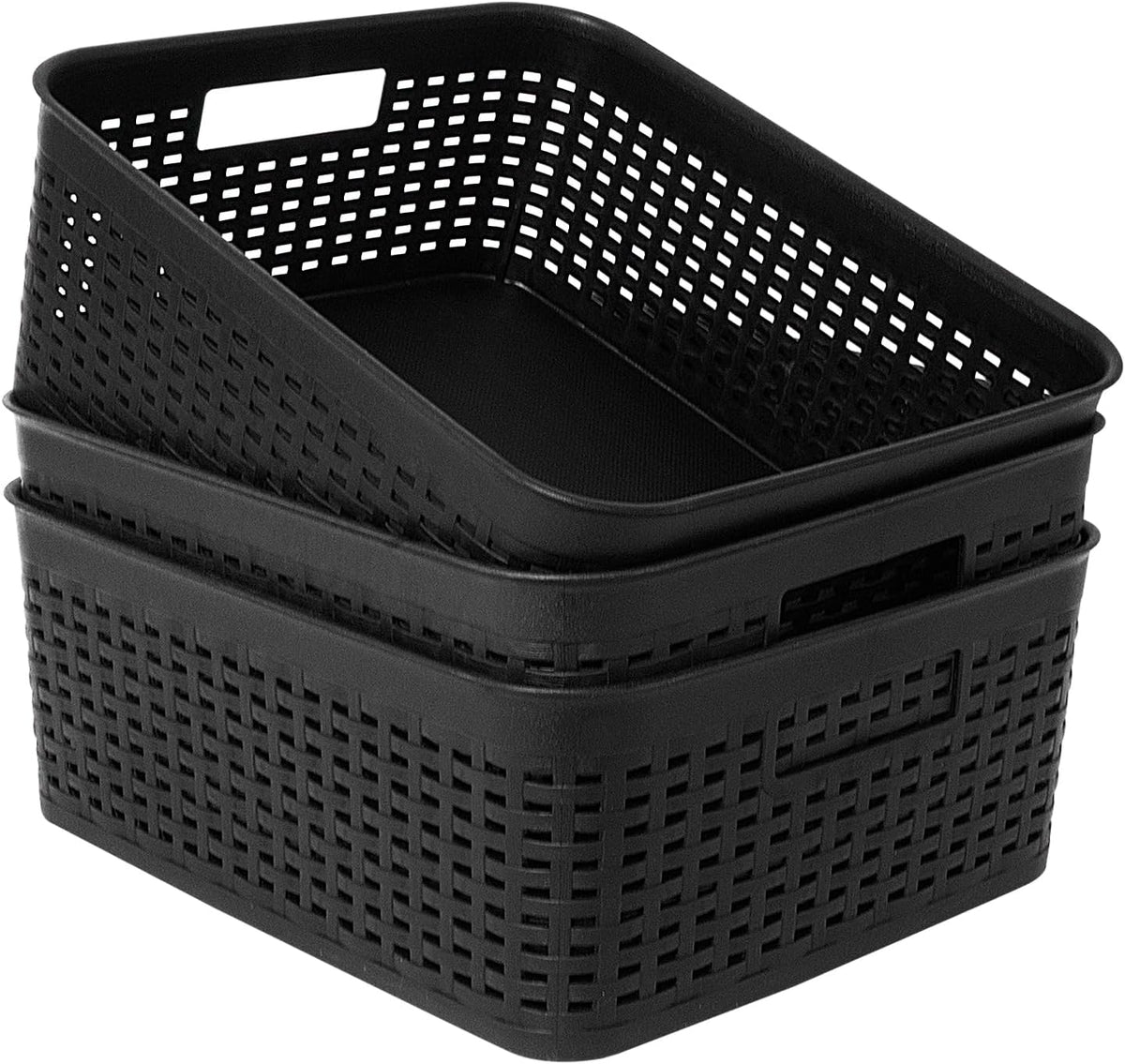 Soddeph Plastic Storage Baskets for Cabinets, Household Pantry Organization with Handle,Organizer Bins for Room,Bathrooms,Under-Sink,Kitchen (Black, L-3PACK)