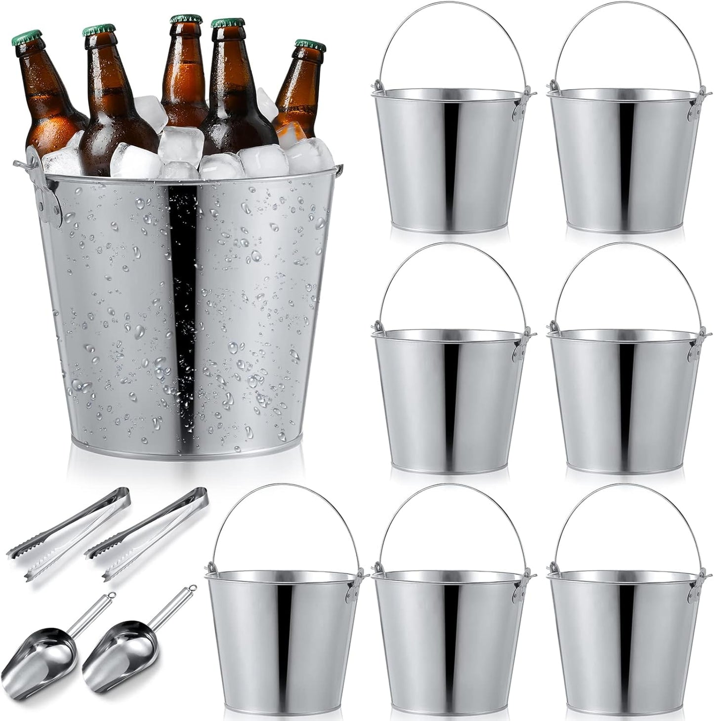 Mumufy 12 Pcs 10l Large Metal Beer Bucket Set, 8 Galvanized Metal Ice Bucket with 2 Ice Shovels and 2 Tongs, Sliver Tin with Handle for Summer Pool Wedding Party Supplies Wine Champagne Bar