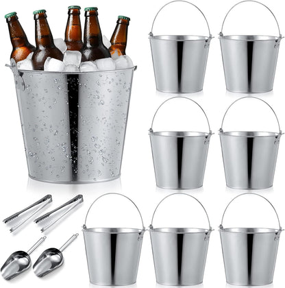 Mumufy 12 Pcs 10l Large Metal Beer Bucket Set, 8 Galvanized Metal Ice Bucket with 2 Ice Shovels and 2 Tongs, Sliver Tin with Handle for Summer Pool Wedding Party Supplies Wine Champagne Bar