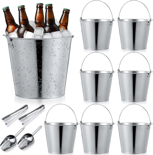 Mumufy 12 Pcs 10l Large Metal Beer Bucket Set, 8 Galvanized Metal Ice Bucket with 2 Ice Shovels and 2 Tongs, Sliver Tin with Handle for Summer Pool Wedding Party Supplies Wine Champagne Bar
