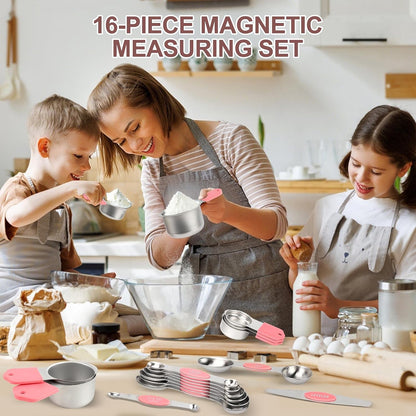 16-Piece Stainless Steel Measuring Cups and Spoons Set, Strong Magnetic Nesting Design 7 Cups 8 Spoons with Leveler, Double Measurement Markings for Dry & Liquid Ingredients, Gold