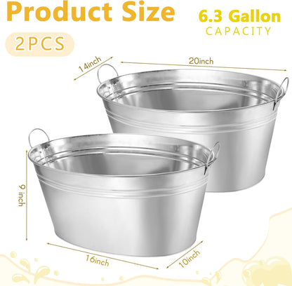 Ziliny 2 Pcs 6.3 Gallon Galvanized Beverage Tubs Large Drink Buckets for Parties Insulated Metal Ice Bucket with Handles Rustic Storage Container for Parties Beer Drinks, Silver