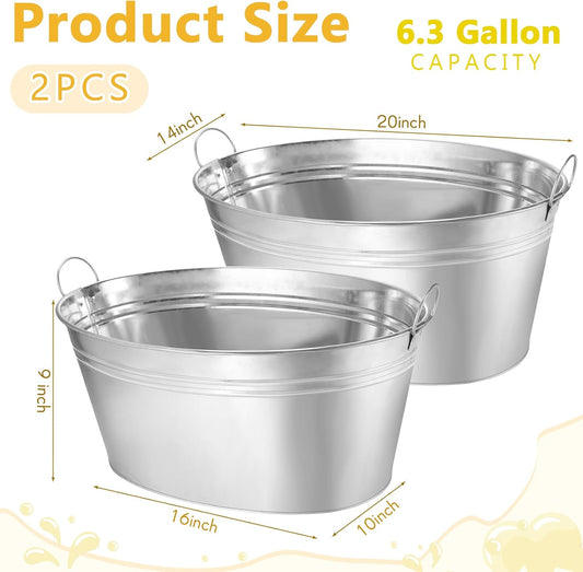 Ziliny 2 Pcs 6.3 Gallon Galvanized Beverage Tubs Large Drink Buckets for Parties Insulated Metal Ice Bucket with Handles Rustic Storage Container for Parties Beer Drinks, Silver
