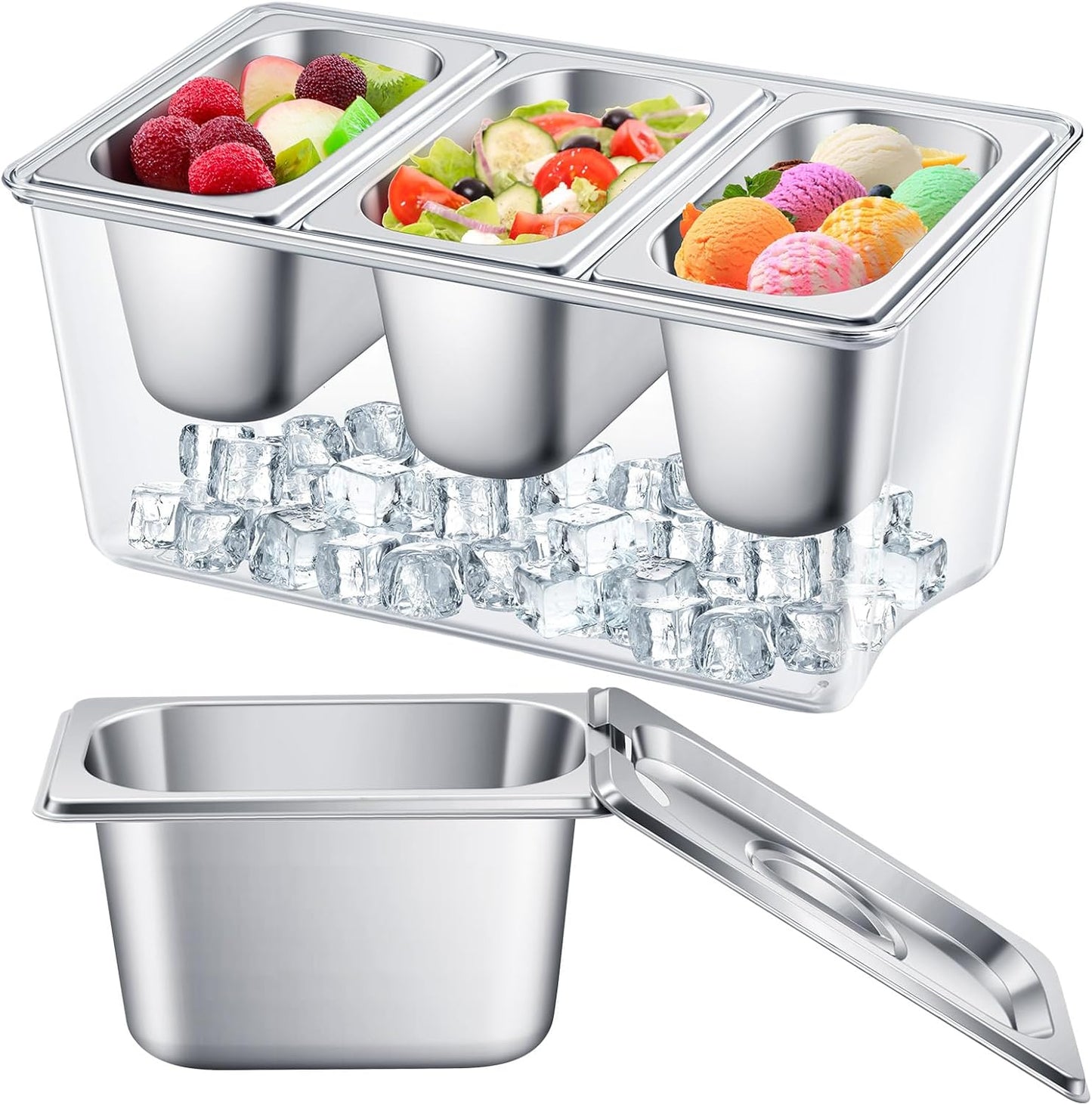 3 Containers Ice Chilled Condiment Caddy 30.5 oz Stainless Steel Serving Dish with Lids (3.75 Cup) for Bar Cold Accessories Hummus Fruit Salad Sauces Party Restaurant Serving Supply