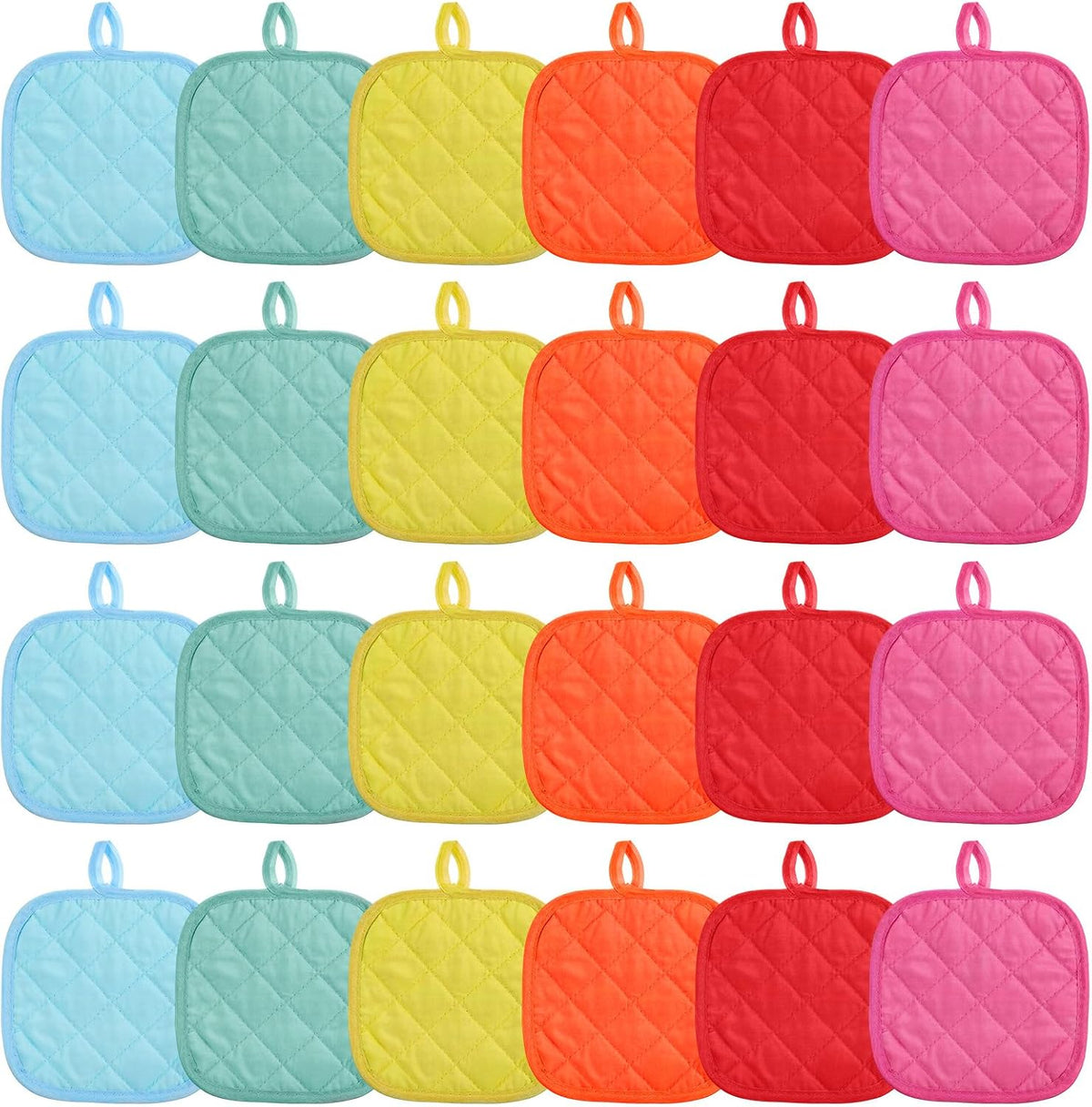 24 Pcs Pot Holders for Kitchen, Heat Resistant Quilted Hot Pads & Oven Mitts with Hanging Loops, Multicolor Cotton Potholder Set for Cooking & Baking (6 Colors)