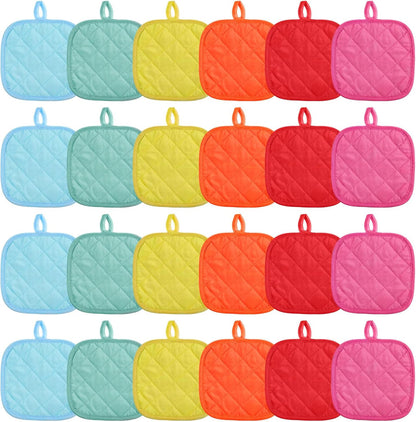 24 Pcs Pot Holders for Kitchen, Heat Resistant Quilted Hot Pads & Oven Mitts with Hanging Loops, Multicolor Cotton Potholder Set for Cooking & Baking (6 Colors)