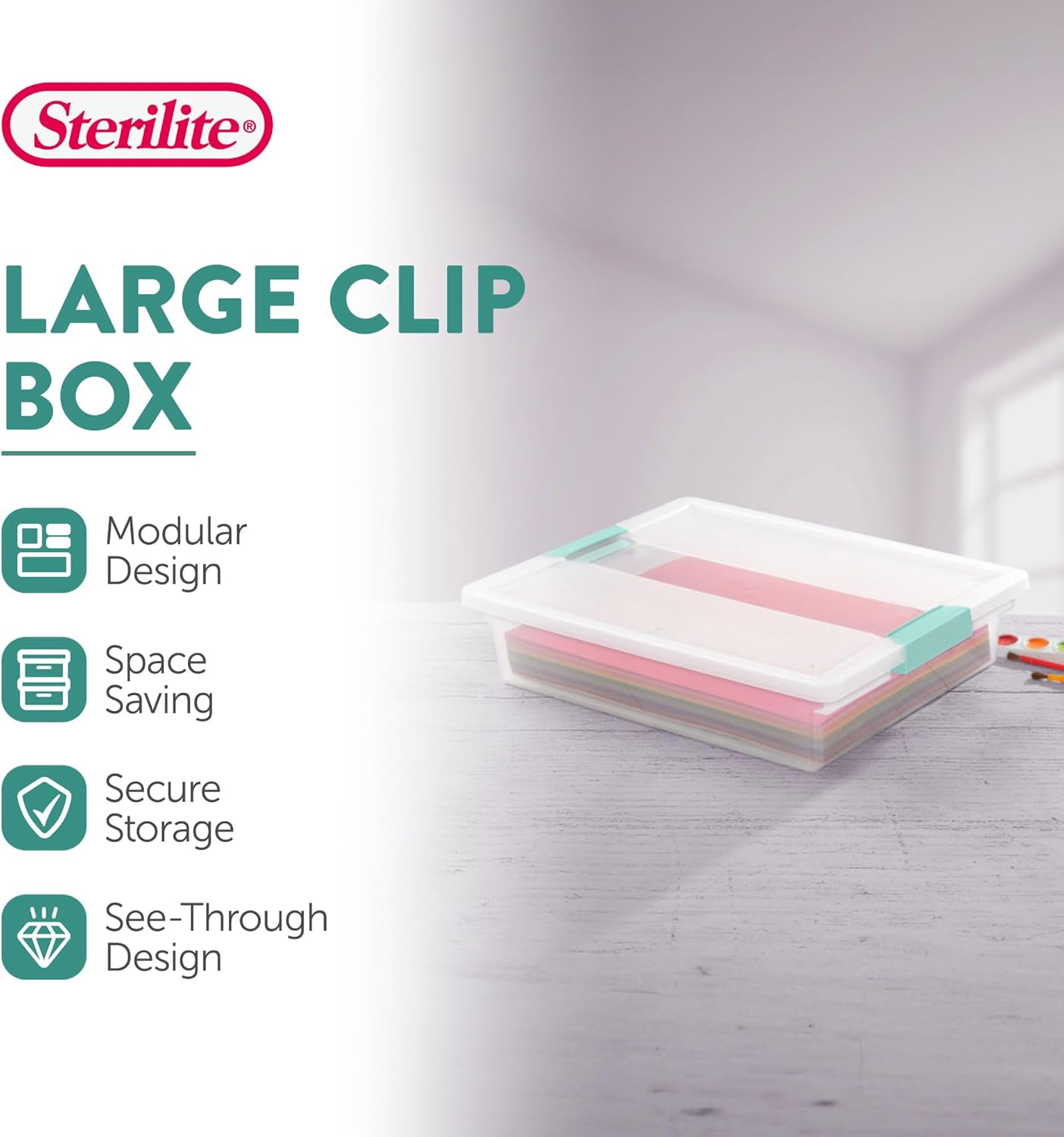 Sterilite Deep Clip Box, Stackable Small Storage Bin with Latching Lid, Plastic Container to Organize Paper, Office, Home, Clear Base and Lid, (Pack of 4)
