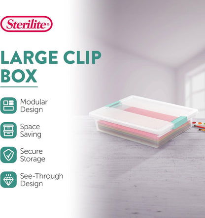 Sterilite Deep Clip Box, Stackable Small Storage Bin with Latching Lid, Plastic Container to Organize Paper, Office, Home, Clear Base and Lid, (Pack of 4)