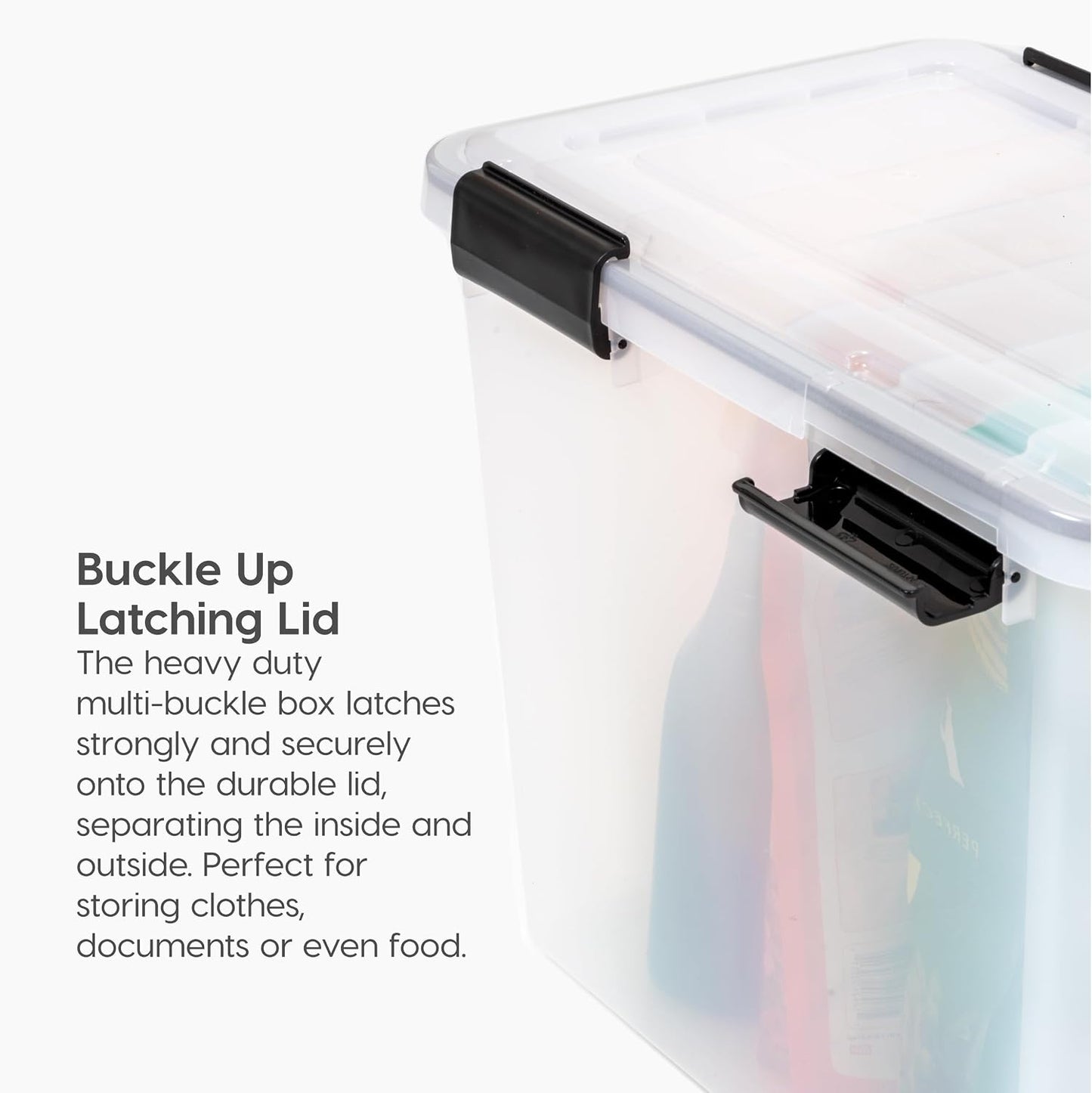 IRIS USA WeatherPro Storage Bins with Lids, 47 Qt, Gasket Seal, 2 Pack | Airtight gasket helps protect clothing, shoes, crafts, keepsakes, and household supplies from moisture and dust.