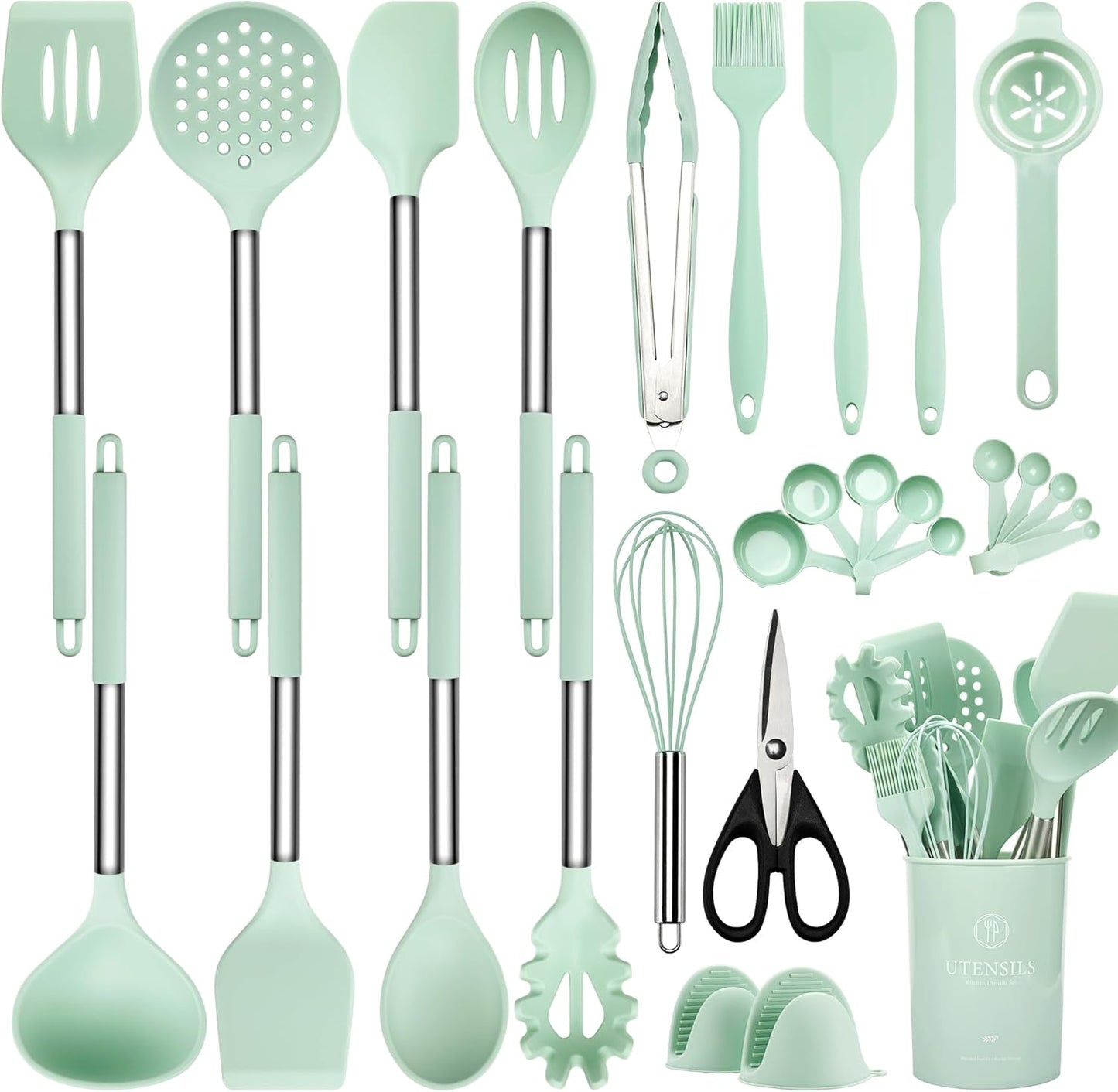 NCUE Silicone Cooking Utensils Set, 28 Pcs Kitchen Utensils Set 446°F Heat Resistant Spatula Set, Food Grade Silicone and Stainless Steel Handle Kitchen Gadgets for Nonstick Cookware BPA Free