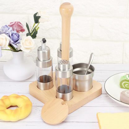 Cruet Set, Wood Condiment Spice Pepper Jar Box 5PCS Stainless Steel Plastic Oil Vinegar Salt Pepper Condiment Dispensers Set with Spoon (square wooden frame)