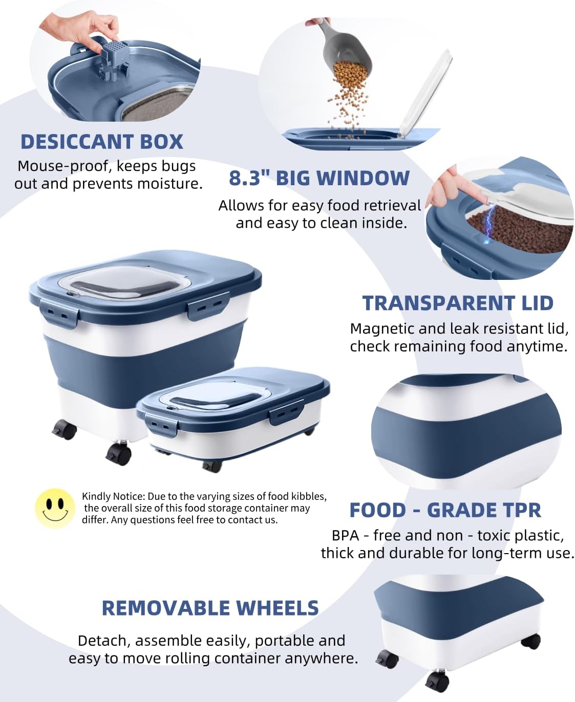 20-30 Lbs Rice Storage Container,Collapsible Food Storage Containers with Rolling Wheel Airtight Locking Lid,Flour Storage Container with Cup and Scoop,Suitable for Food,Rice,Pet Food,Flour