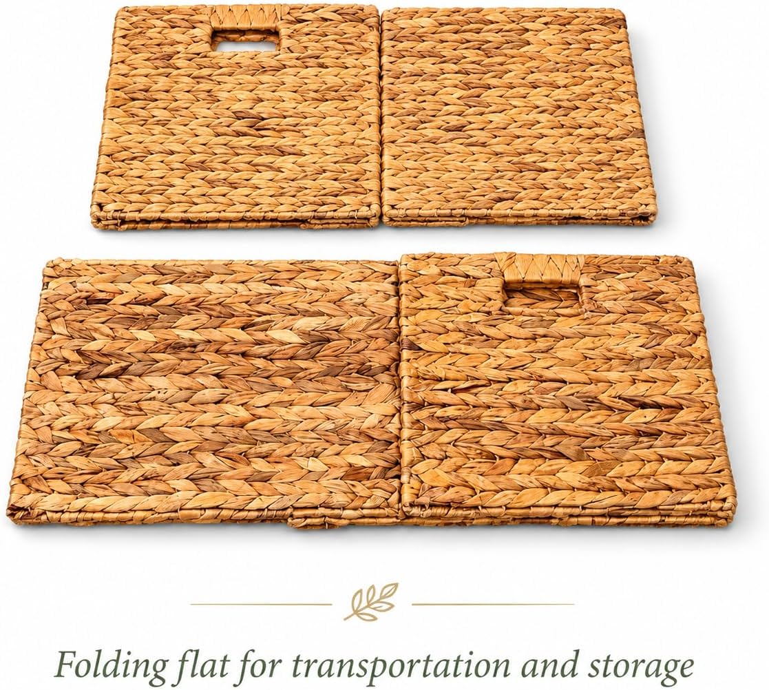 4 Hand-Woven Wicker Storage Baskets 13x11x11in, Water Hyacinth Shelf Bins | ECO-FRIENDLY & SUSTAINABLE