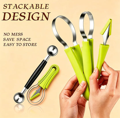 Melon Baller Scoop, Stainless Steel Dual-End Fruit Baller Scoop, Professional 3-in-1 Fruit Carving and Scooping Kit, Melon Balls Scooper for Watermelon, Ice Cream, Fruits, Sorbet and Meatballs