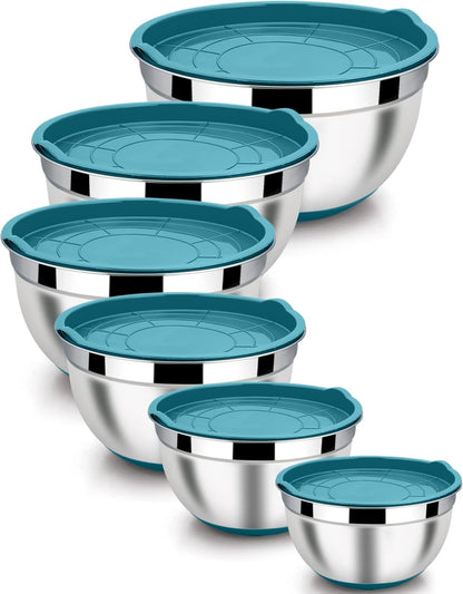 LIANYU Stainless Steel Mixing Bowls Sets of 6, Large 7, 3.5, 2.5, 2, 1.5, 1QT Size with Transparent Airtight Lids, Metal Nesting Serving Bowl Sets for Home Kitchen, Dishwasher & Freezer Safe, Black