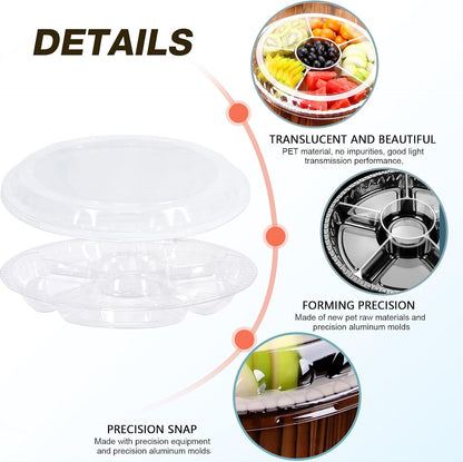 10 Pcs Round Plastic Appetizer Tray with Lid Divided Serving Tray Disposable Food Storage Trays Containers Plastic Tray Storage Snack Fruit Vegetable Trays for Party (black, 13.7 x 13.7 x 2 Inch)
