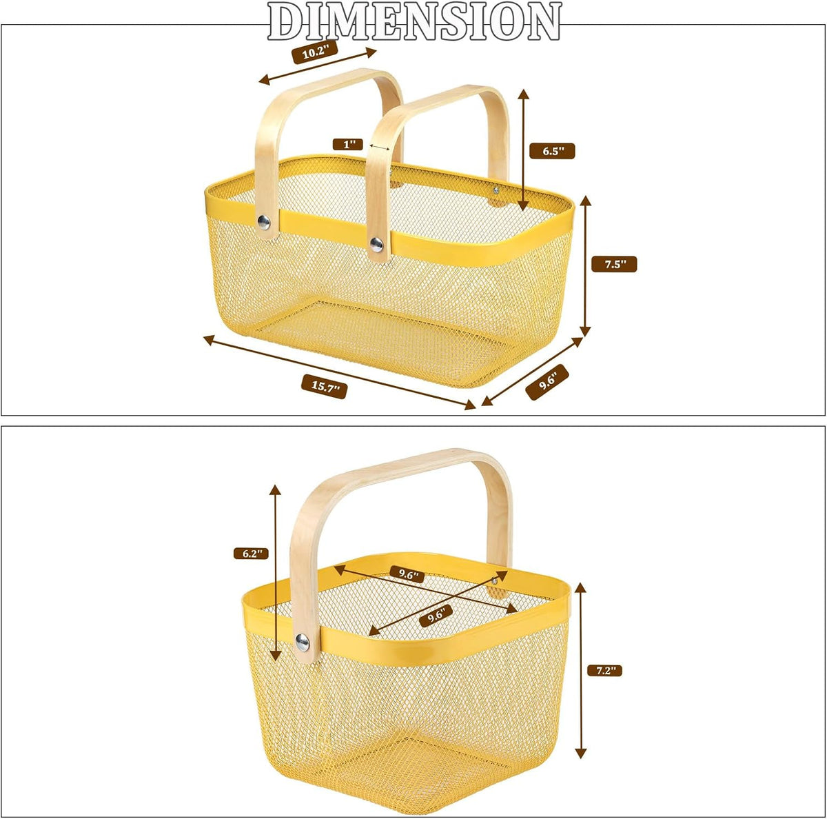 Coloful Metal Mesh Wire Basket with Foldable Wooden Handle,Bin Garden Fruit Vegetable Storage Hanging Harvest Holder for Kitchen Bathroom Picnic (Yellowish Green, Cuboid-15.7 x 9.5 x 7.2“)