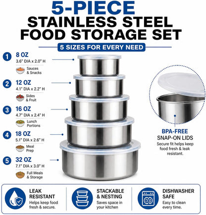 HANDIT 5-Piece Stainless Steel Food Storage Containers with Lids, Nesting Metal Bowls Set, Lightweight, BPA-Free Lids, Meal Prep & Leftovers, Freezer & Dishwasher Safe (8oz, 12oz, 16oz, 18oz, 32oz)