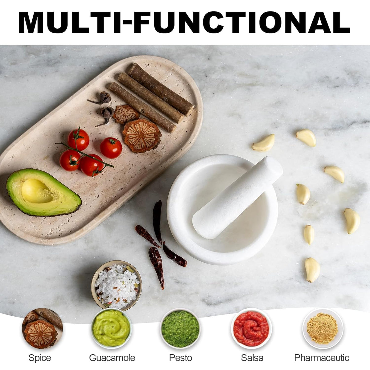 Koville Natural Marble Mortar and Pestle Set, 5" Heavy Duty Granite Grinder for Kitchen, Guacamole, Salsa, Pill Crusher, Spice, Herb, Marble Bowl for Kitchen Counter, Granite Spice Grinder Bowl