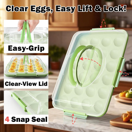 Deviled Egg Containers with Lid - Reusable Platter 2 Pack 48 Count Storage Tray with Handle for Potlucks, Tea Parties, Party, Thanksgiving, Picnics, Refrigerator, Christmas, Easter, Brunches (Blue)