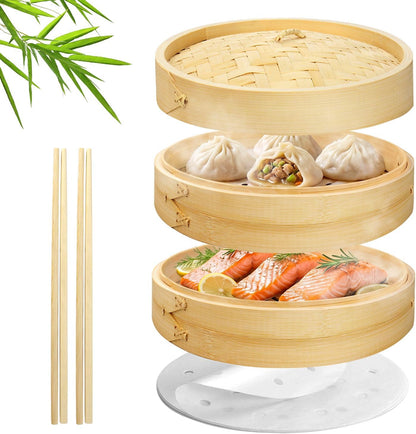 Flexzion Bamboo Steamer Basket Set (8 inch), 50 x Steamer Liners and 2 Pairs of Chopsticks, Steam Baskets for DimSum Dumplings, Rice, Vegetables, Fish and Meat