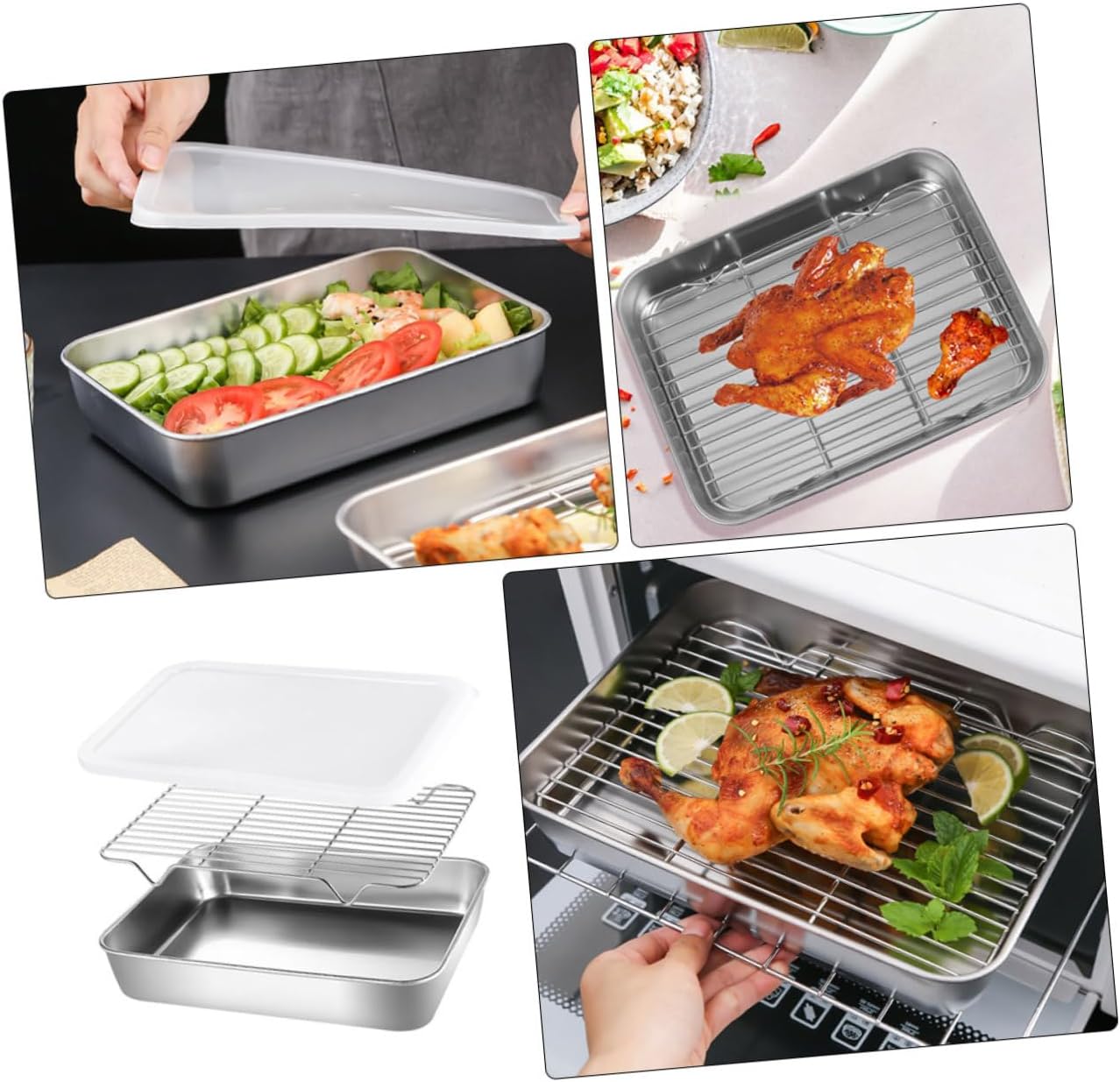 Healifty Stainless Steel Deep Kitchen Prep Tray Oil Filter BBQ Roasting Pan Set for Cooking and Baking Sturdy Food Container Rack for Grilling and Oven Use