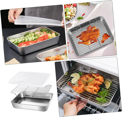 Healifty Stainless Steel Deep Kitchen Prep Tray Oil Filter BBQ Roasting Pan Set for Cooking and Baking Sturdy Food Container Rack for Grilling and Oven Use