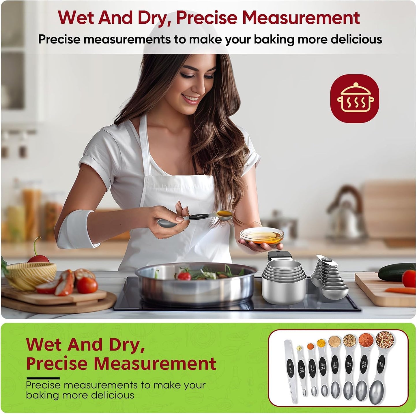 Magnetic Measuring Cups and Spoons Set304 Stainless Steel Dual Scale Set of 15, Strong N52 Magnetic Nesting Design with Leveler, for Dry&Liquid Ingredients, Dishwasher Safe(Colorful)