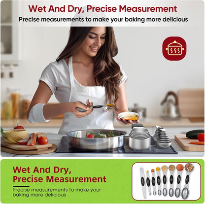 Magnetic Measuring Cups and Spoons Set304 Stainless Steel Dual Scale Set of 15, Strong N52 Magnetic Nesting Design with Leveler, for Dry&Liquid Ingredients, Dishwasher Safe(Colorful)