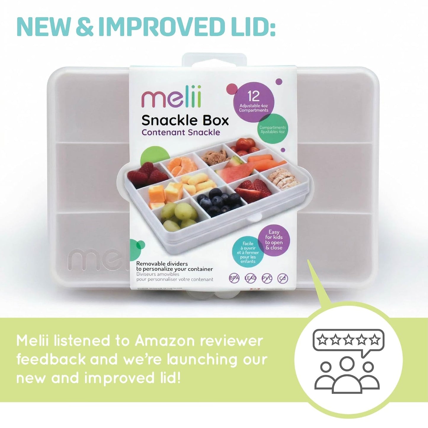 melii Snackle Box |12-Compartment Snack Container with Removable Dividers, BPA-Free Food Storage for Travel, School & On-the-Go Snacks, Kids & Family Organizer (Grey)