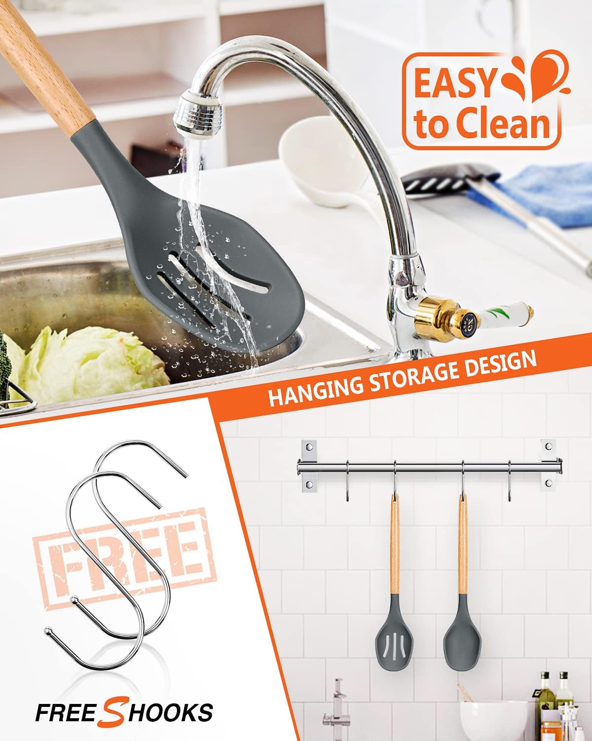 Large Silicone Cooking Spoons, 2 Pack Nonstick Solid and Slotted Wooden handle Spoon Set, Heat Resistan Silicone Kitchen Spoons for Cooking, Serving, Basting, Mixing (Khaki)
