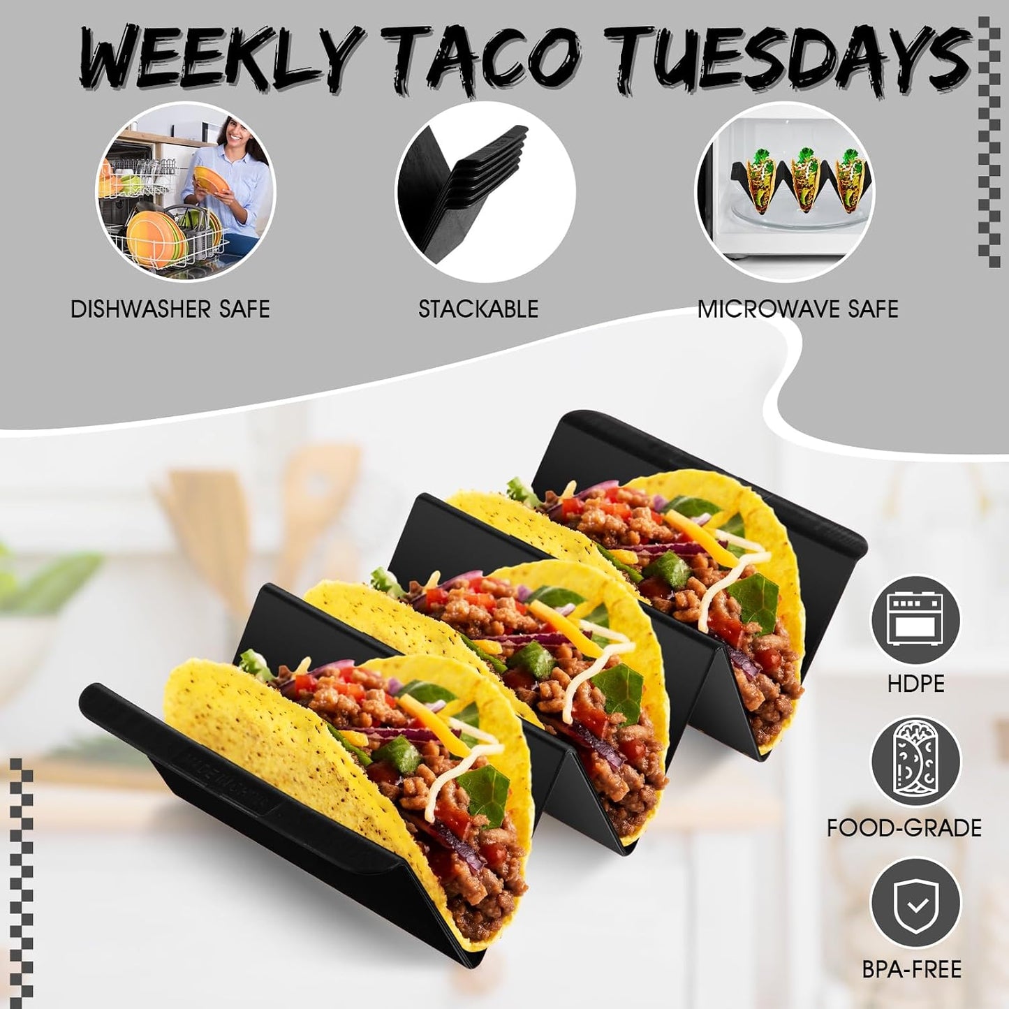 Baderke Mexico Taco Holder Stands Set of 6 Black Large Tray Plates Plastics Holder for Taco Night Tuesday Carnival Party Supplies, Dishwasher Microwave Safe